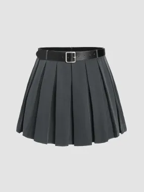 Falda Mini Plisada de Cintura Media con Cinturón Curvy