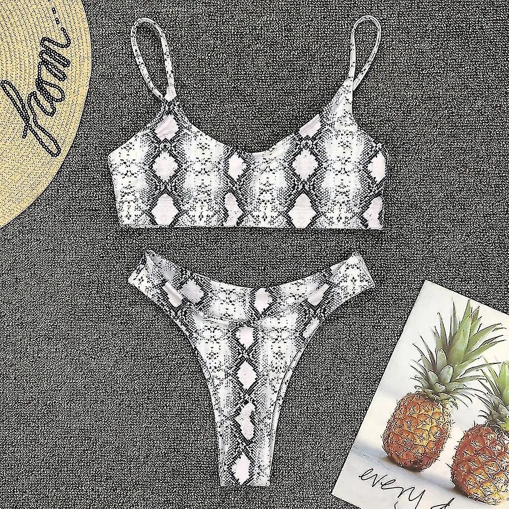 Women Sexy Two Piece Bikini Set Boho Leopard Snakeskin Printing Swimsuit Strappy Push Up Padded High Cut Bathing Suit-YNP