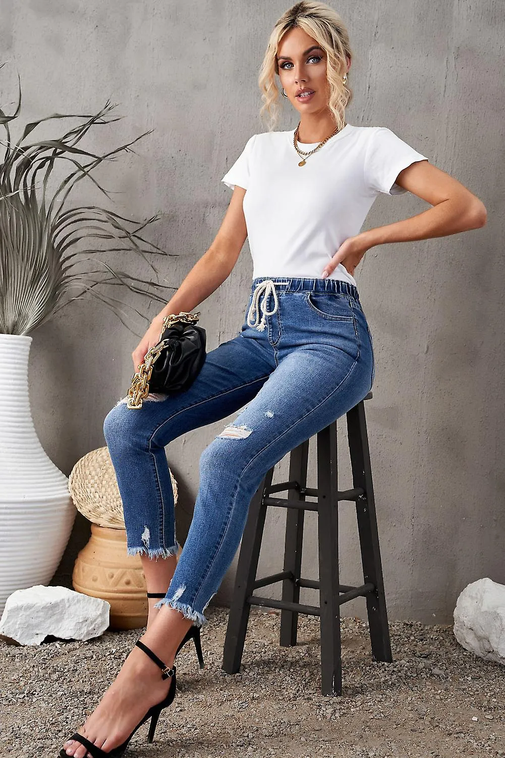 Women's Dark Blue Elastic Waist Straight Leg Destroyed Raw Hem Jeans